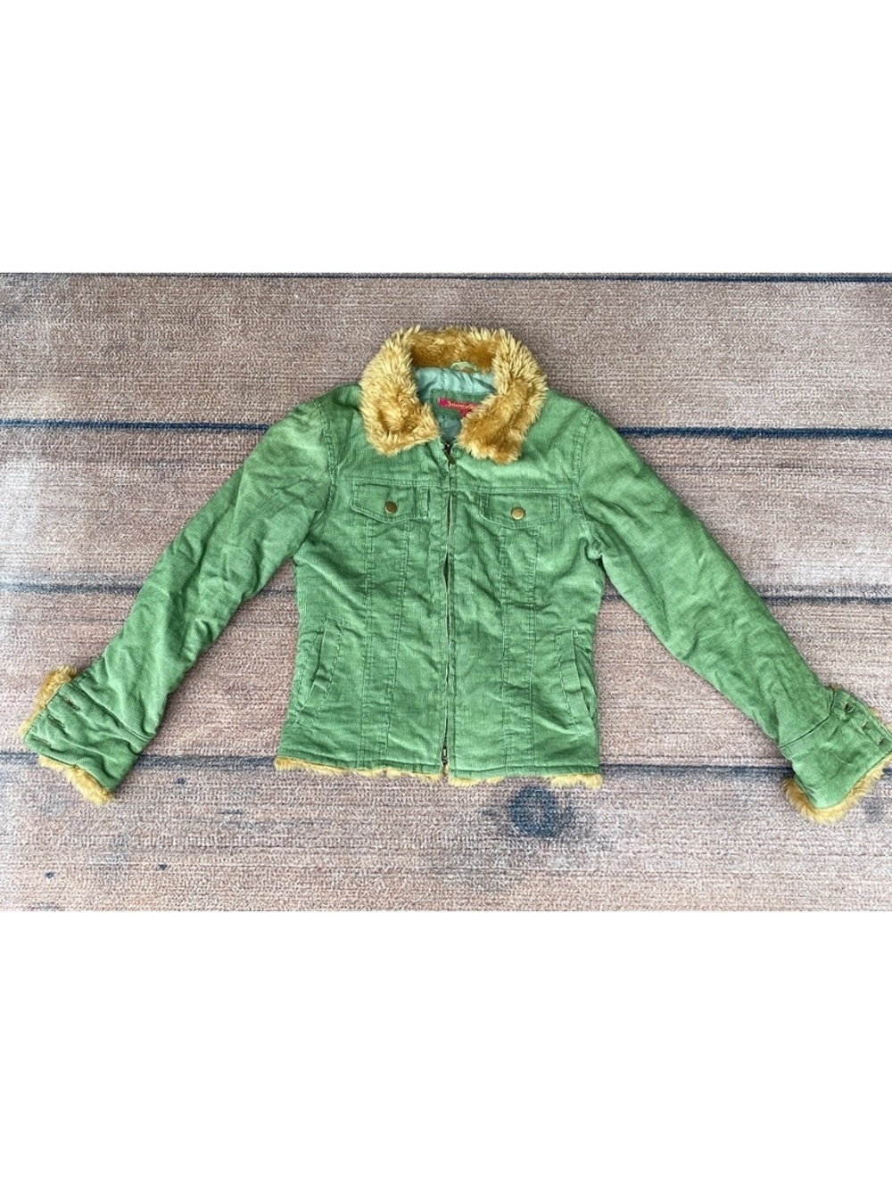 Jennyfer J vintage Y2K green corduroy fur trimmed jacket small indie sleaze boho